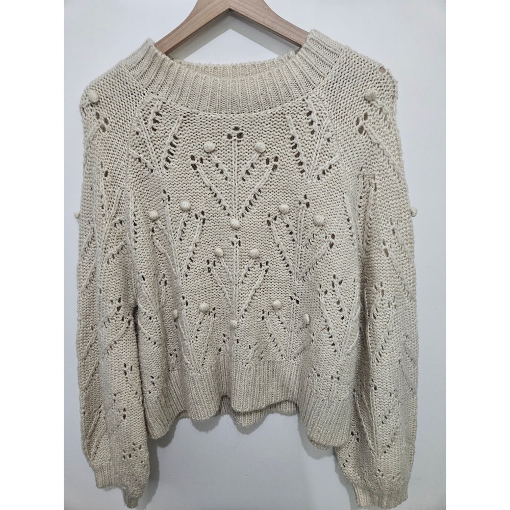Silverflint Cream Bobble Pointelle Knit Alpaca Wool Blend Sweater Large
